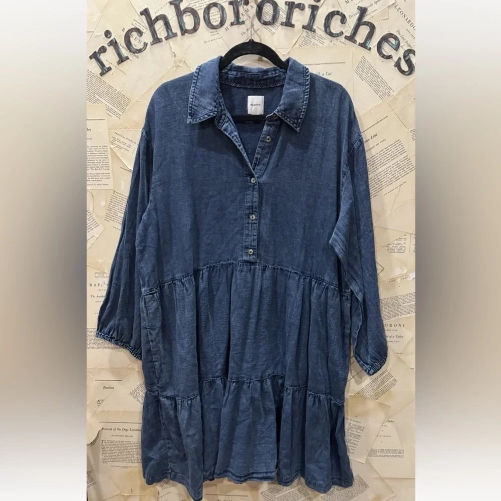 Anthropologie The Bettina Tiered Mini Shirt Dress Denim Button Pockets Blue - Picture 7 of 8